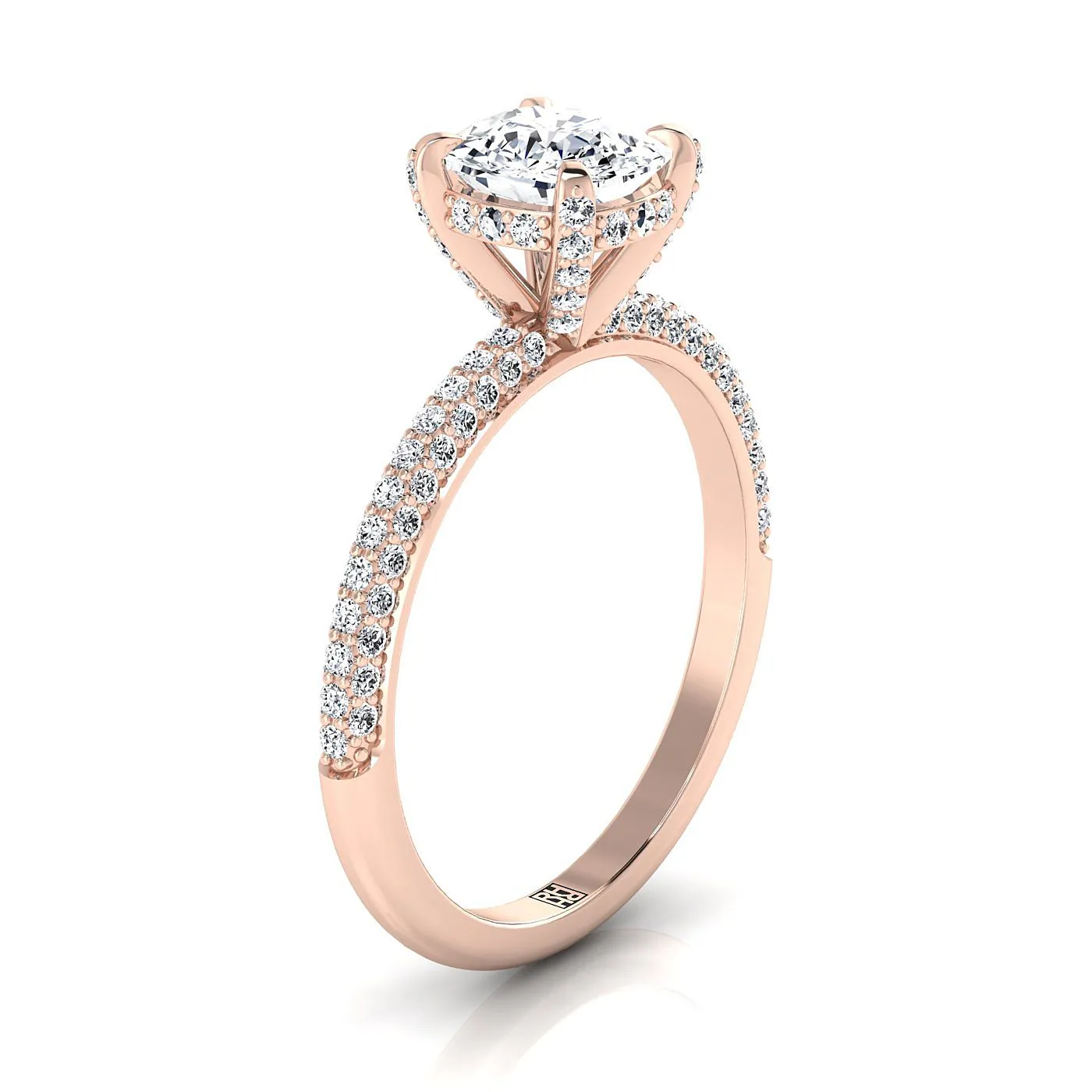 14K Rose Gold Cushion Diamond Encrusted Claws and Triple Pave Engagement Ring -1/2ctw