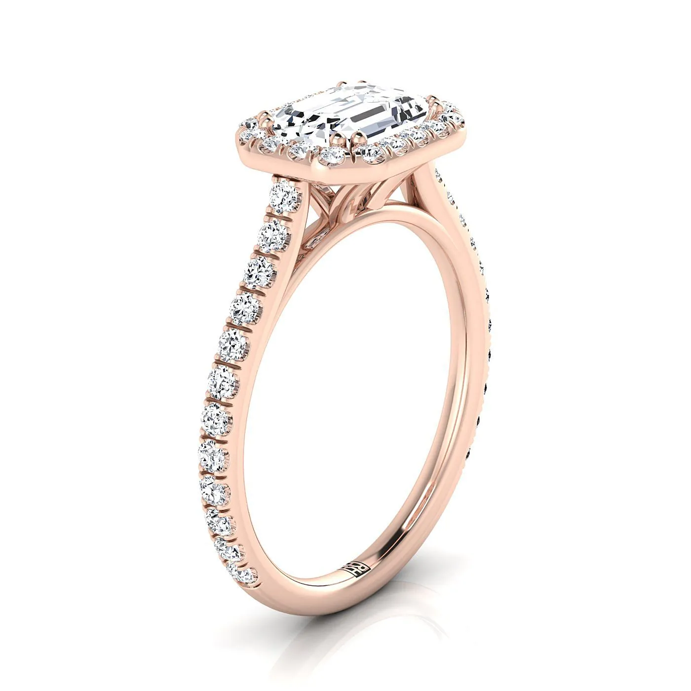 14K Rose Gold Emerald Cut Diamond Horizontal Fancy East West Halo Engagement Ring -1/2ctw