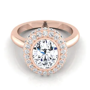 14K Rose Gold Oval Bezel Pave 3D Halo Solitaire Engagement Ring