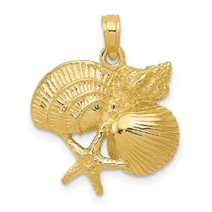 14k Yellow Gold Soild Textured Polished Finish Men's Four Shell Cluster Charm Pendant