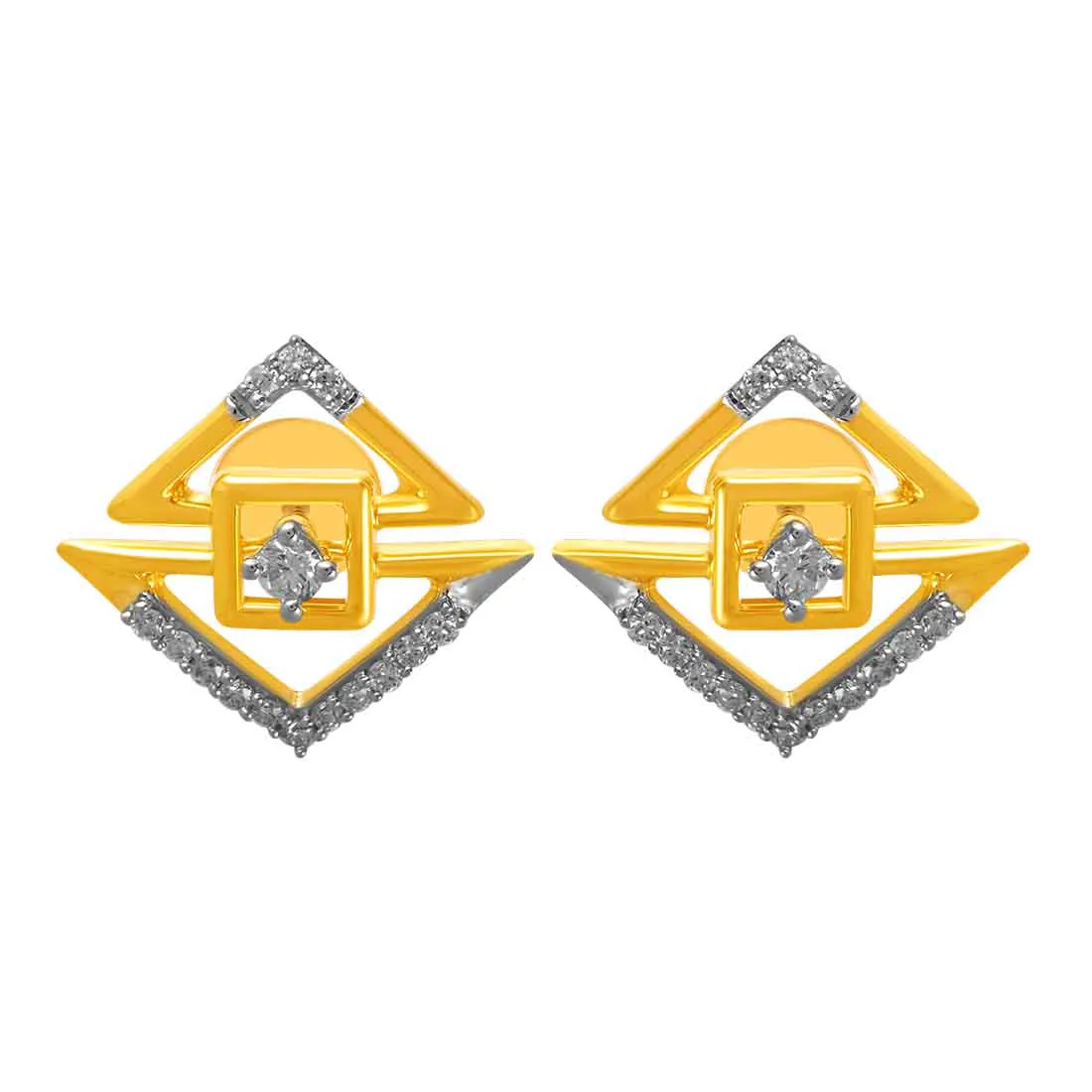 14KT (585) Yellow Gold & Diamond Graceful Unique Stud Earrings