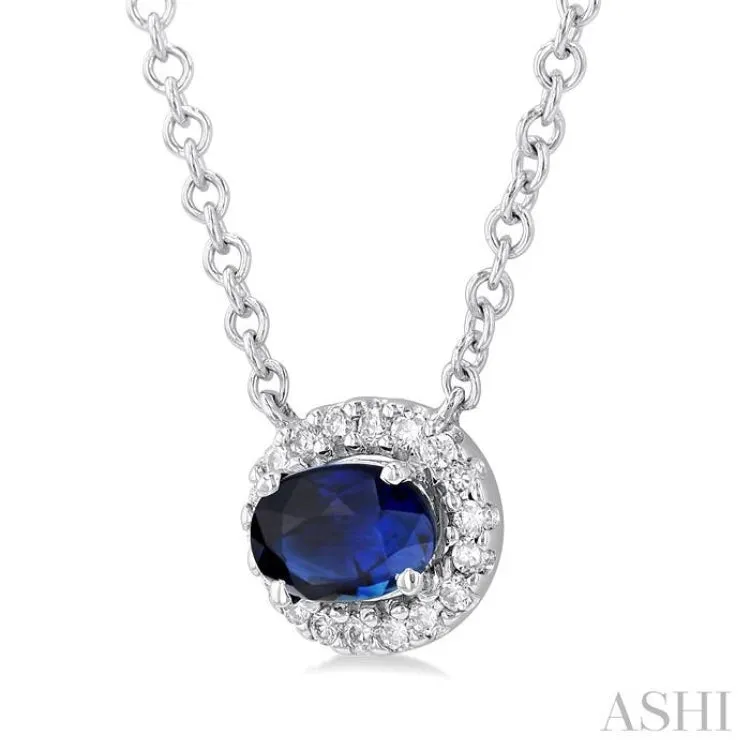 1/6 ctw East West 6X4MM Oval Cut Sapphire and Round Cut Diamond Halo Precious Necklace in 14K White Gold