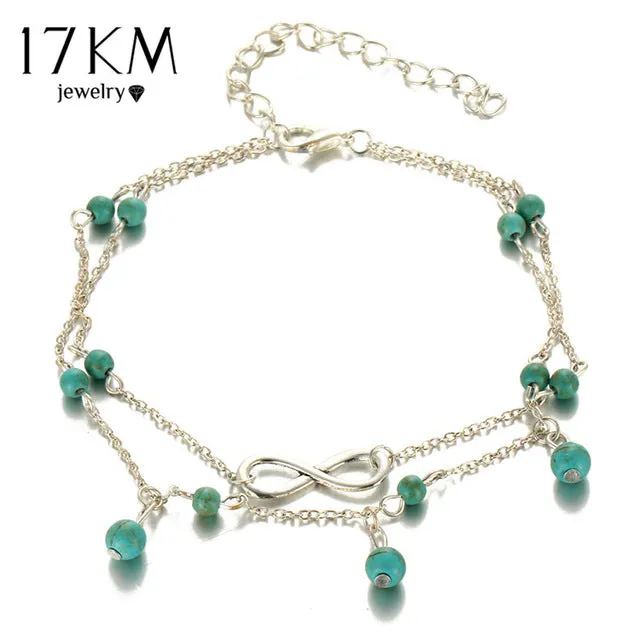 17KM New Double Infinite Beads Pendant Anklet Foot Chain For Woman Summer Bracelet Charm 2 Color Anklets Foot Jewelry Gift