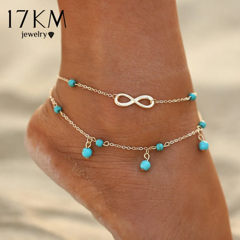 17KM New Double Infinite Beads Pendant Anklet Foot Chain For Woman Summer Bracelet Charm 2 Color Anklets Foot Jewelry Gift