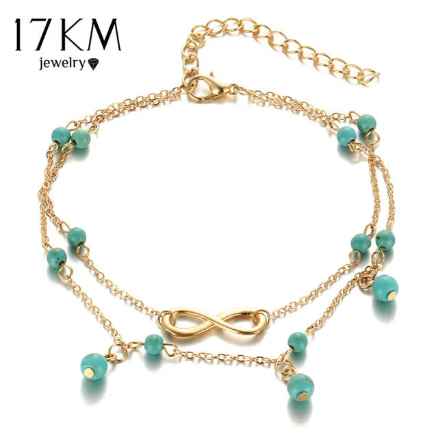 17KM New Double Infinite Beads Pendant Anklet Foot Chain For Woman Summer Bracelet Charm 2 Color Anklets Foot Jewelry Gift