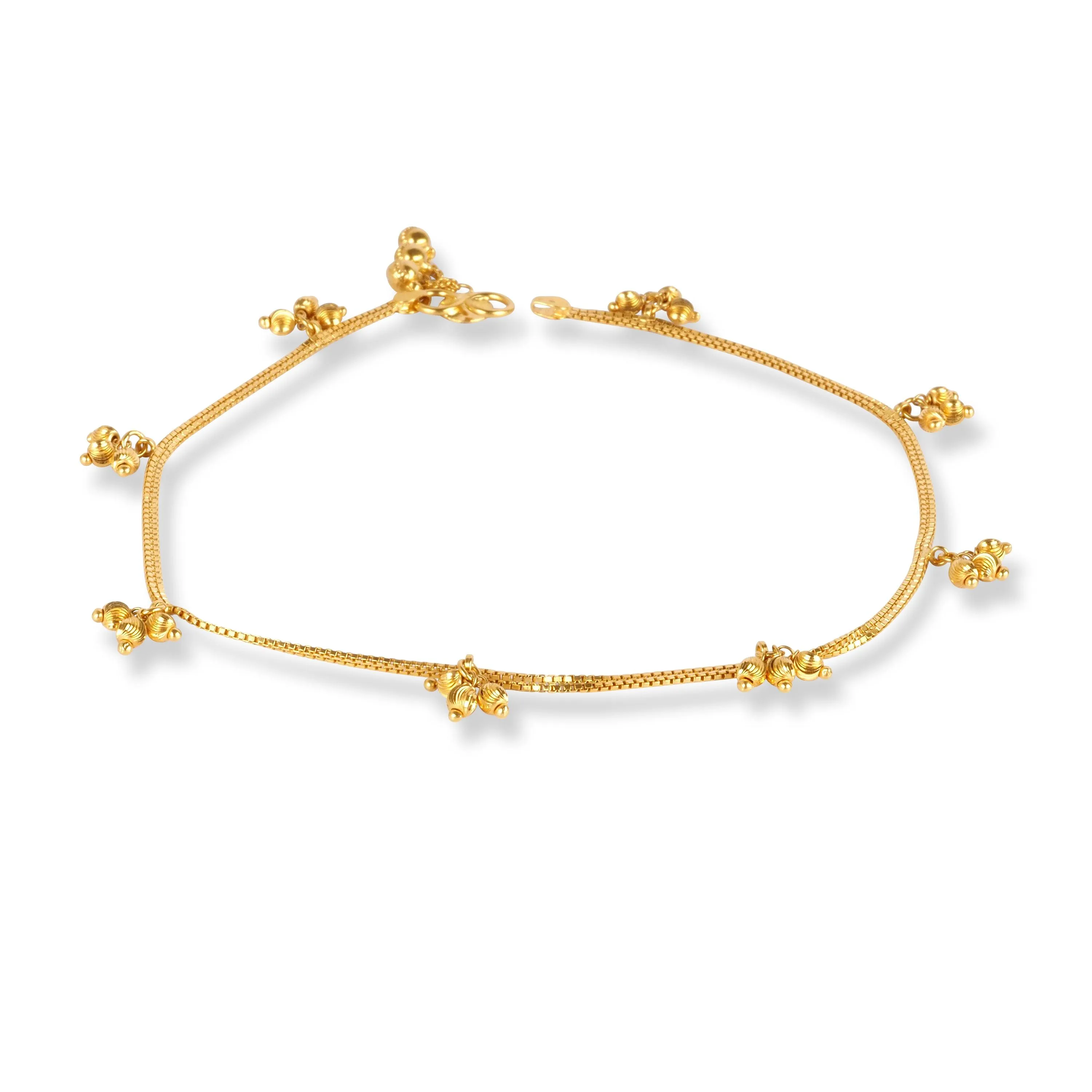 22ct Gold Anklet in Box Chain Design with Ghughri Charm with '' S '' Clasp A-8267