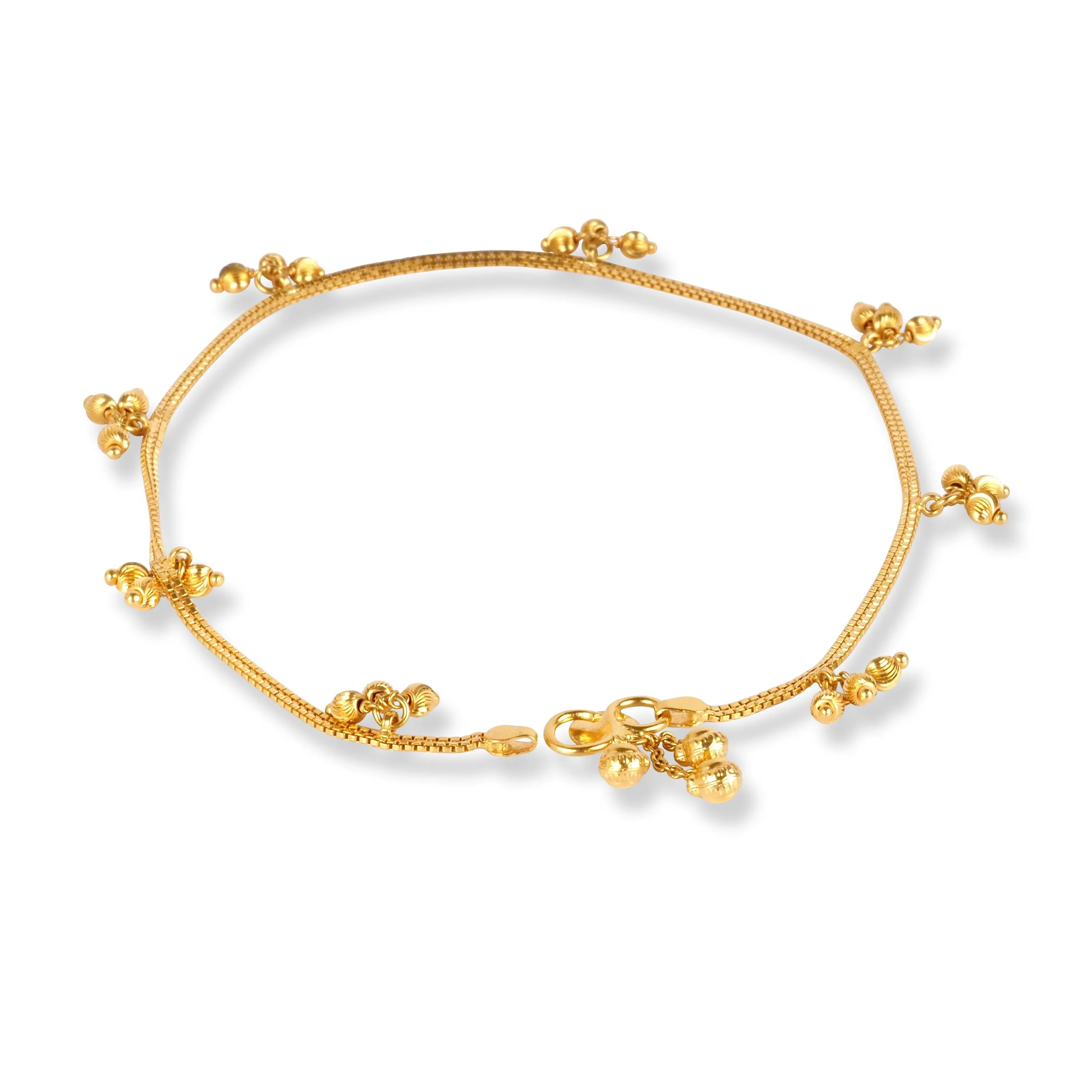 22ct Gold Anklet in Box Chain Design with Ghughri Charm with '' S '' Clasp A-8267