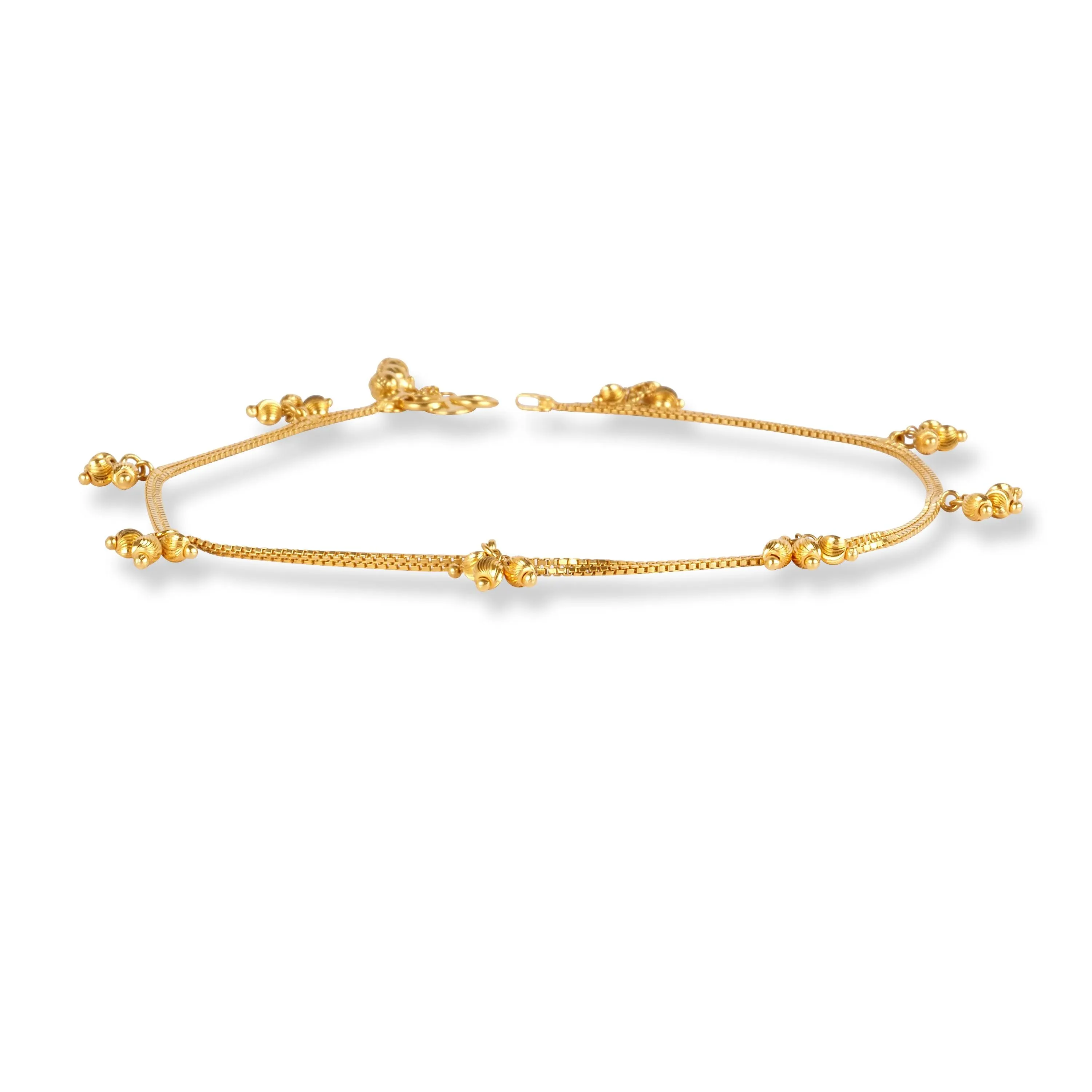 22ct Gold Anklet in Box Chain Design with Ghughri Charm with '' S '' Clasp A-8267