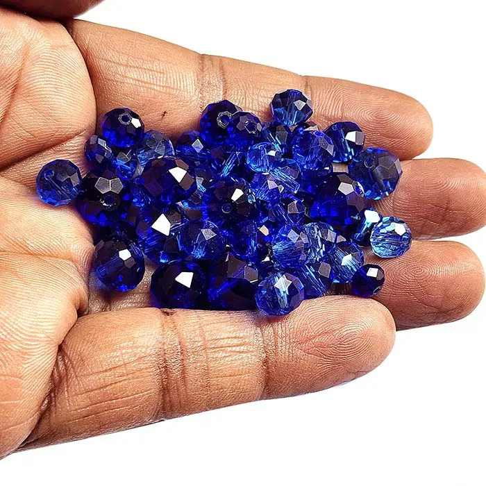 50 Grams Pkg. Blue color shade, Rondelle Faceted Crystal Mix size glass beads Size mostly encluded as 6mm, 8mm, 10mm, to some extent 4mm and 12mm mixed