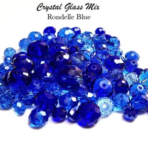 50 Grams Pkg. Blue color shade, Rondelle Faceted Crystal Mix size glass beads Size mostly encluded as 6mm, 8mm, 10mm, to some extent 4mm and 12mm mixed