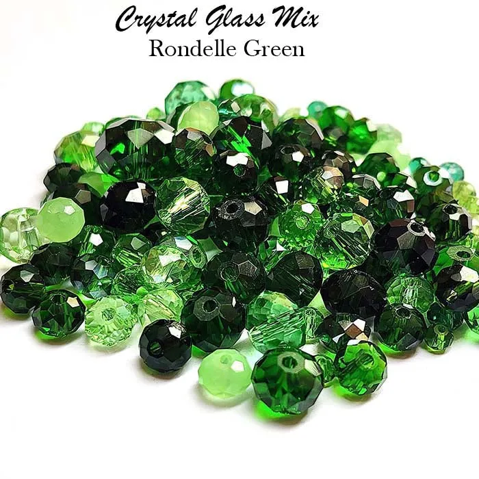 50 Grams Pkg. Green color shade, Rondelle Faceted Crystal Mix size glass beads Size mostly encluded as 6mm, 8mm, 10mm, to some extent 4mm and 12mm mixed