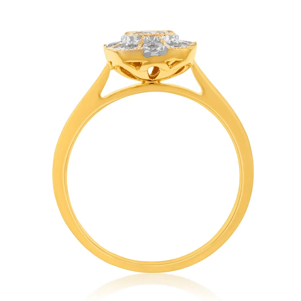 9ct Yellow Gold Cushion Shape Cluster Diamond Ring