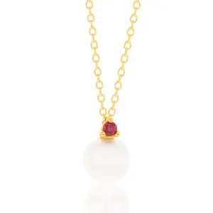 9ct Yellow Gold Red Cubic Zirconia And Pearl Pendant On Chain