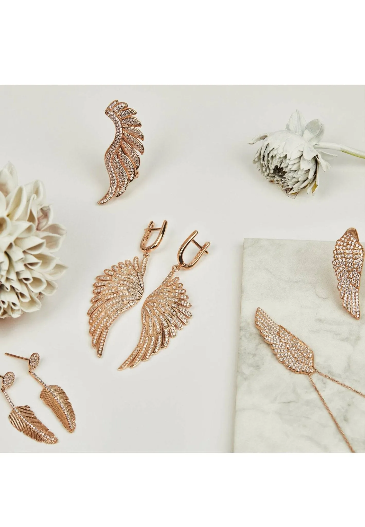 Angelic Feather Drop Earrings Rose Gold