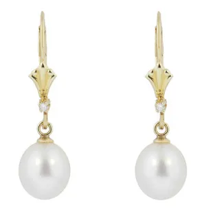 Art Deco Fleur De Lis Diamond and Pearl Drop Earrings in 14 Karat Gold