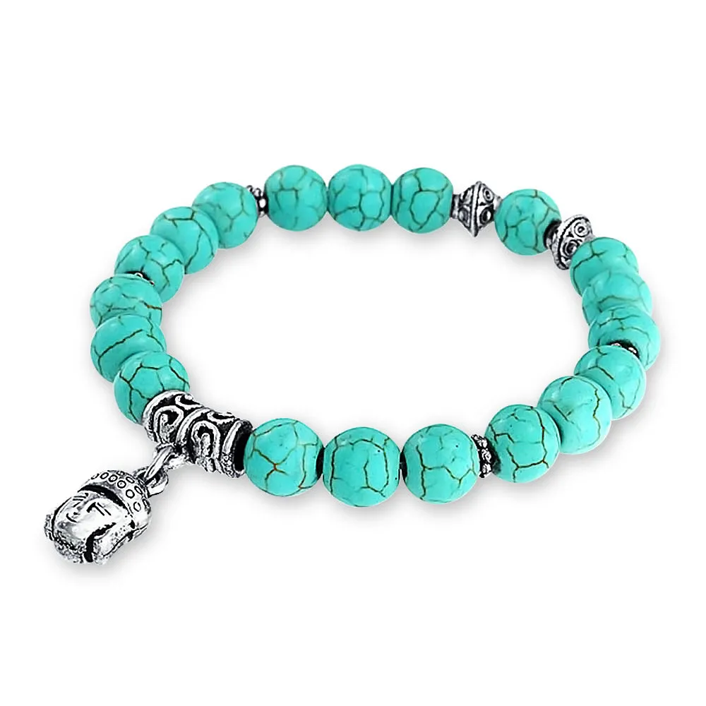 Bali Buddha Blue Turquoise Stretch Bracelet with Spiritual Gemstone Charm