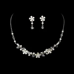 Beautiful Crystal & White Pearl Flower Necklace & Earring Set