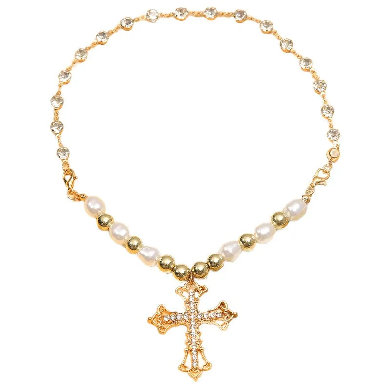 Bling Cross Pendant Necklaces for Women Girl Gift Wedding Neck Jewelry Goth Pearl Necklace