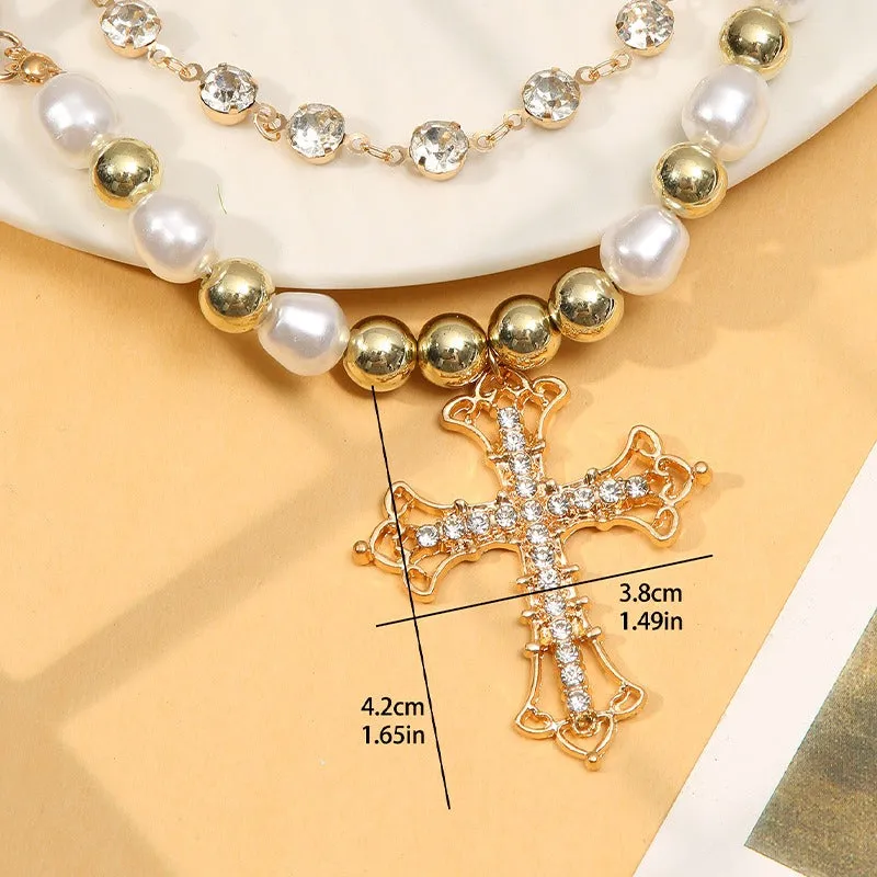 Bling Cross Pendant Necklaces for Women Girl Gift Wedding Neck Jewelry Goth Pearl Necklace