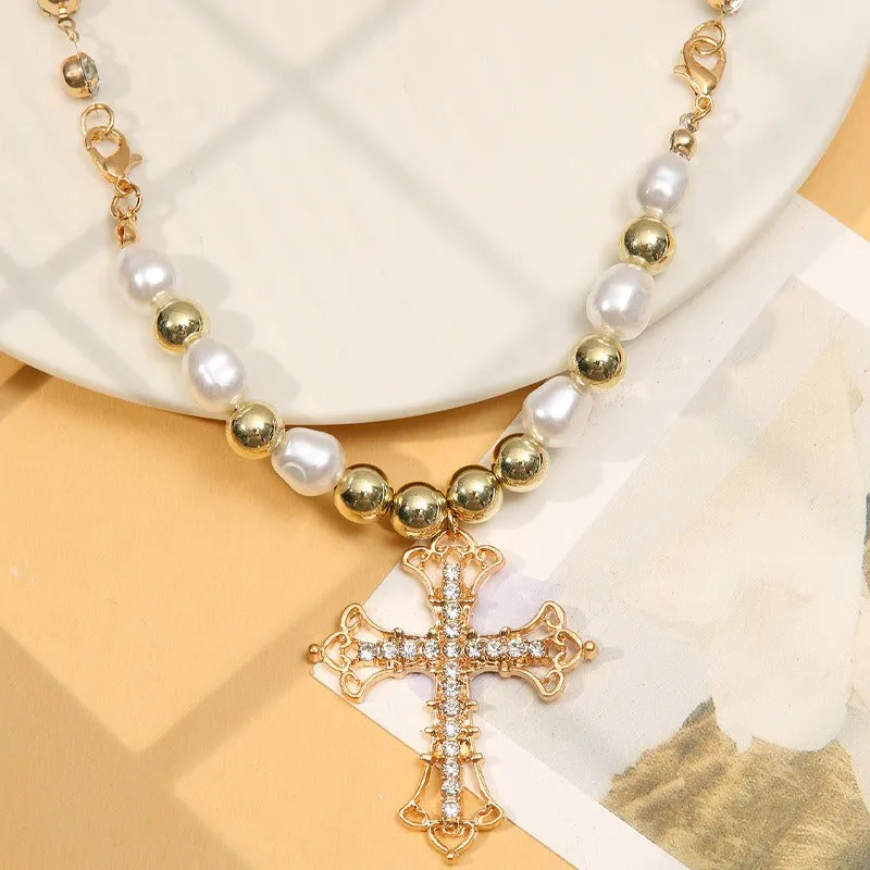 Bling Cross Pendant Necklaces for Women Girl Gift Wedding Neck Jewelry Goth Pearl Necklace