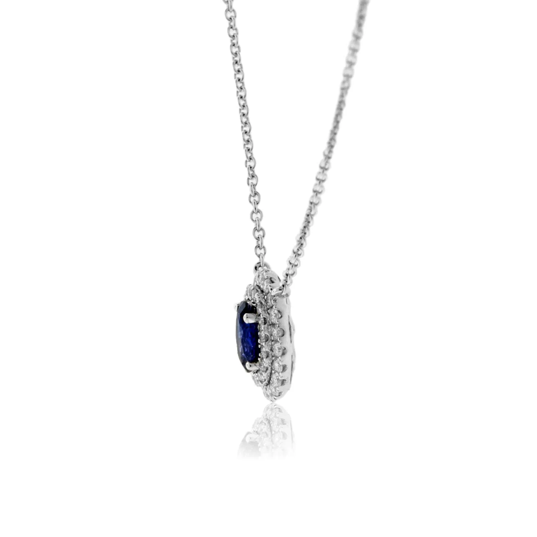 Blue Oval Shaped Sapphire with Double Diamond Halo Pendant