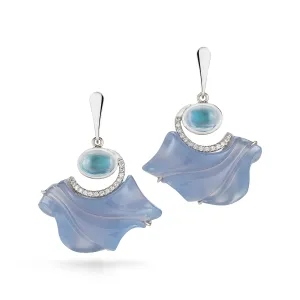 Carved Blue Chalcedony, Moonstone and Diamond Floating Earrings