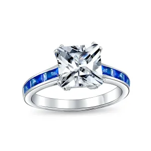 Classic Art Deco 3CT CZ Princess Cut Engagement Ring with Sapphire Blue Band