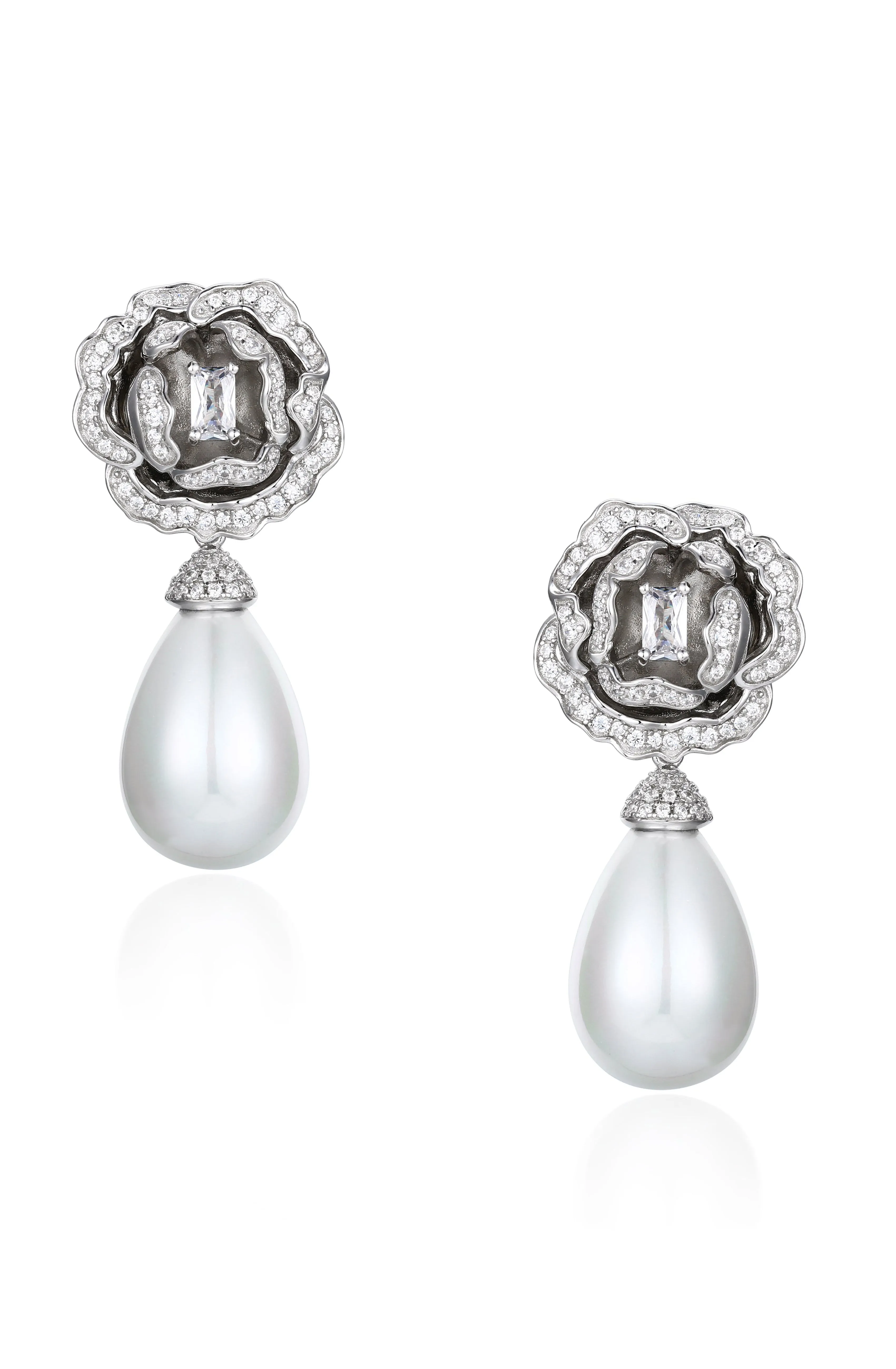 'Countess' Flower and Pearl Drop Silver Earrings