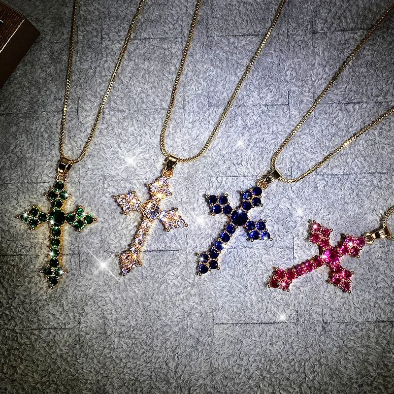 Cross Necklace Fashion White/Rose Red/Green Blue for Women Shiny Stylish Party Accessories