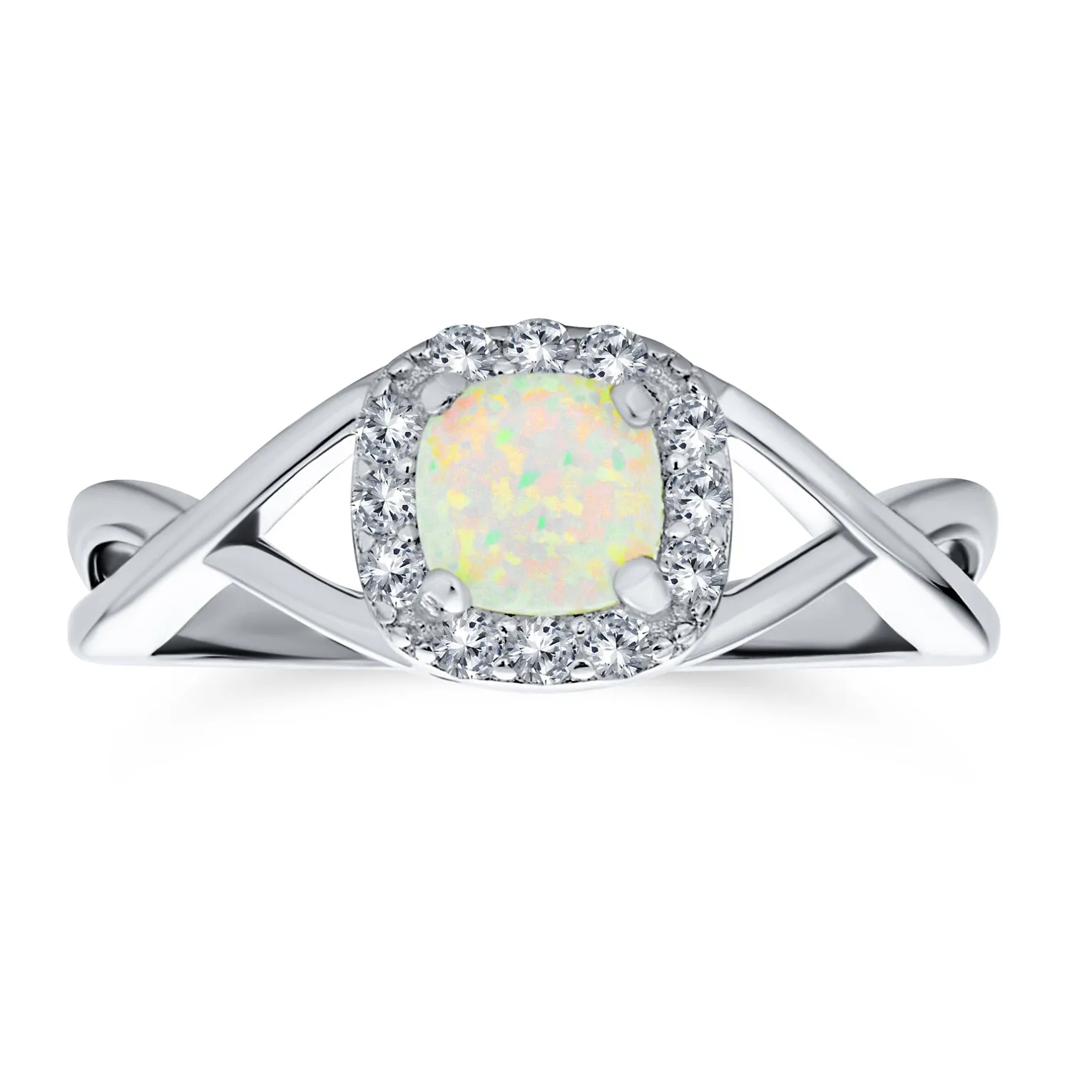 Delicate CZ Halo Square Princess Solitaire Opal Engagement Ring, Sterling Silver