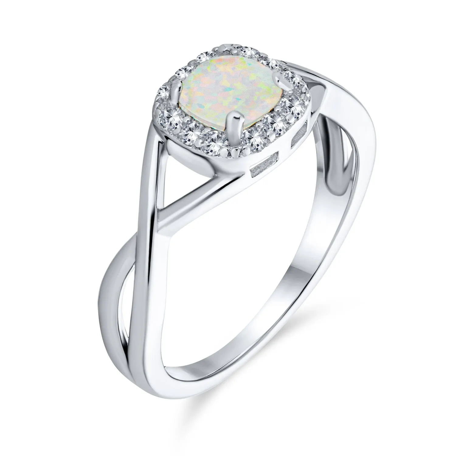 Delicate CZ Halo Square Princess Solitaire Opal Engagement Ring, Sterling Silver