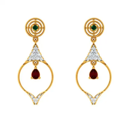 Diamond Embedded Drop Dangler With Precious Red Stone In 14k Gold Earrings