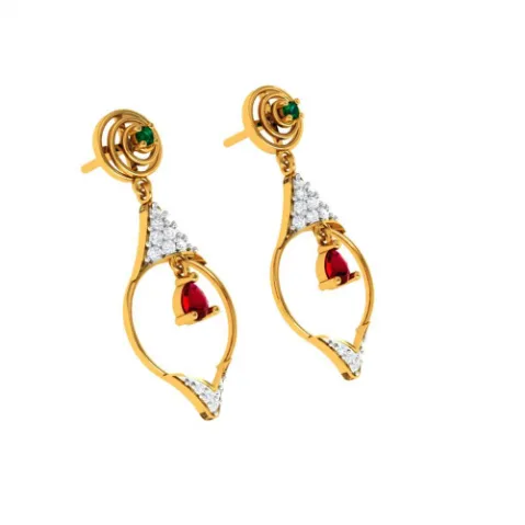 Diamond Embedded Drop Dangler With Precious Red Stone In 14k Gold Earrings