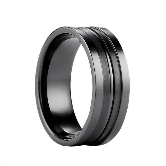 DONOVAN Benchmark Polished Black Titanium Wgeddin Ring with Dual Satin Finish Grooves - 8mm