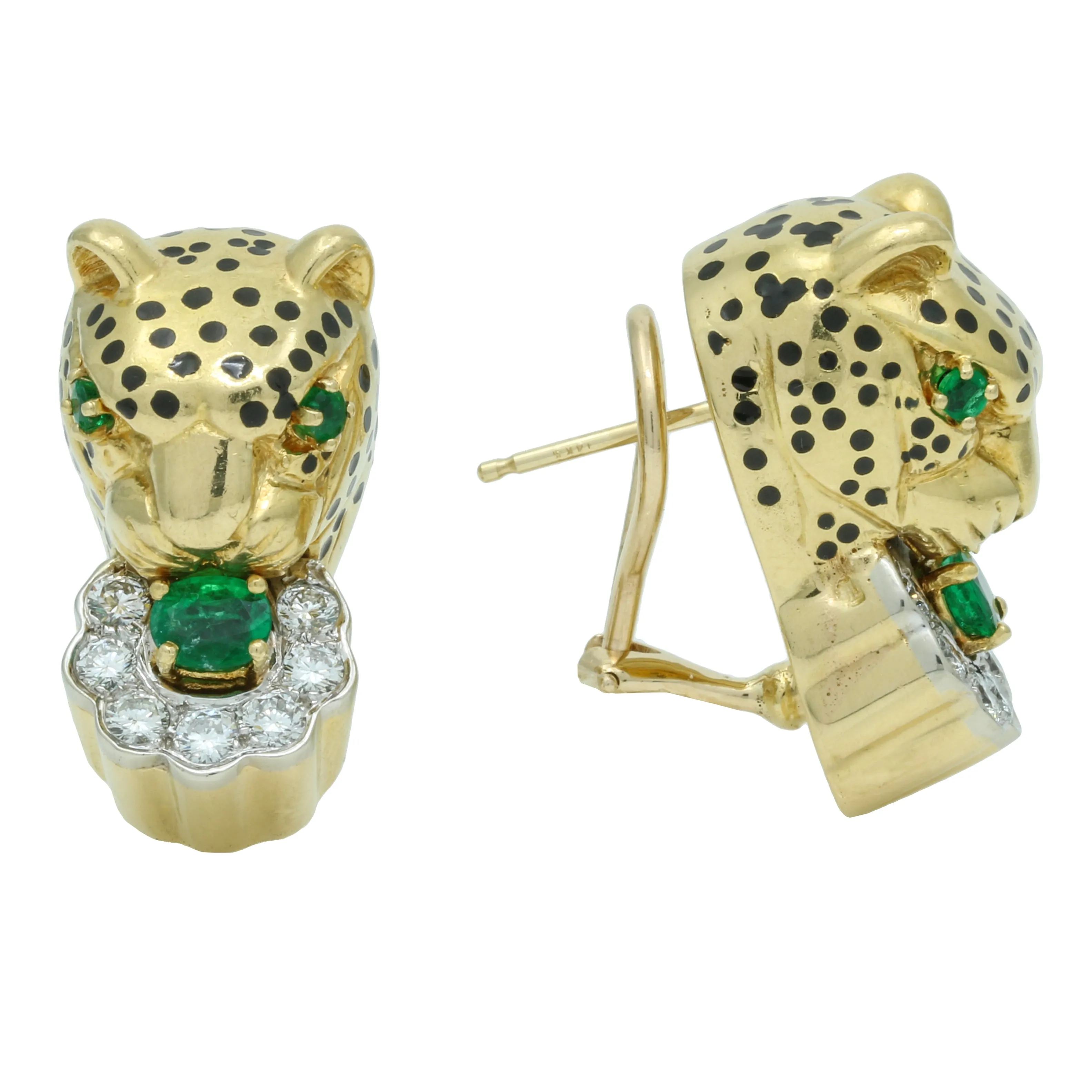 Emis Beros 18K Yellow Gold Panther Earrings with Emeralds, Diamonds, and Enamel