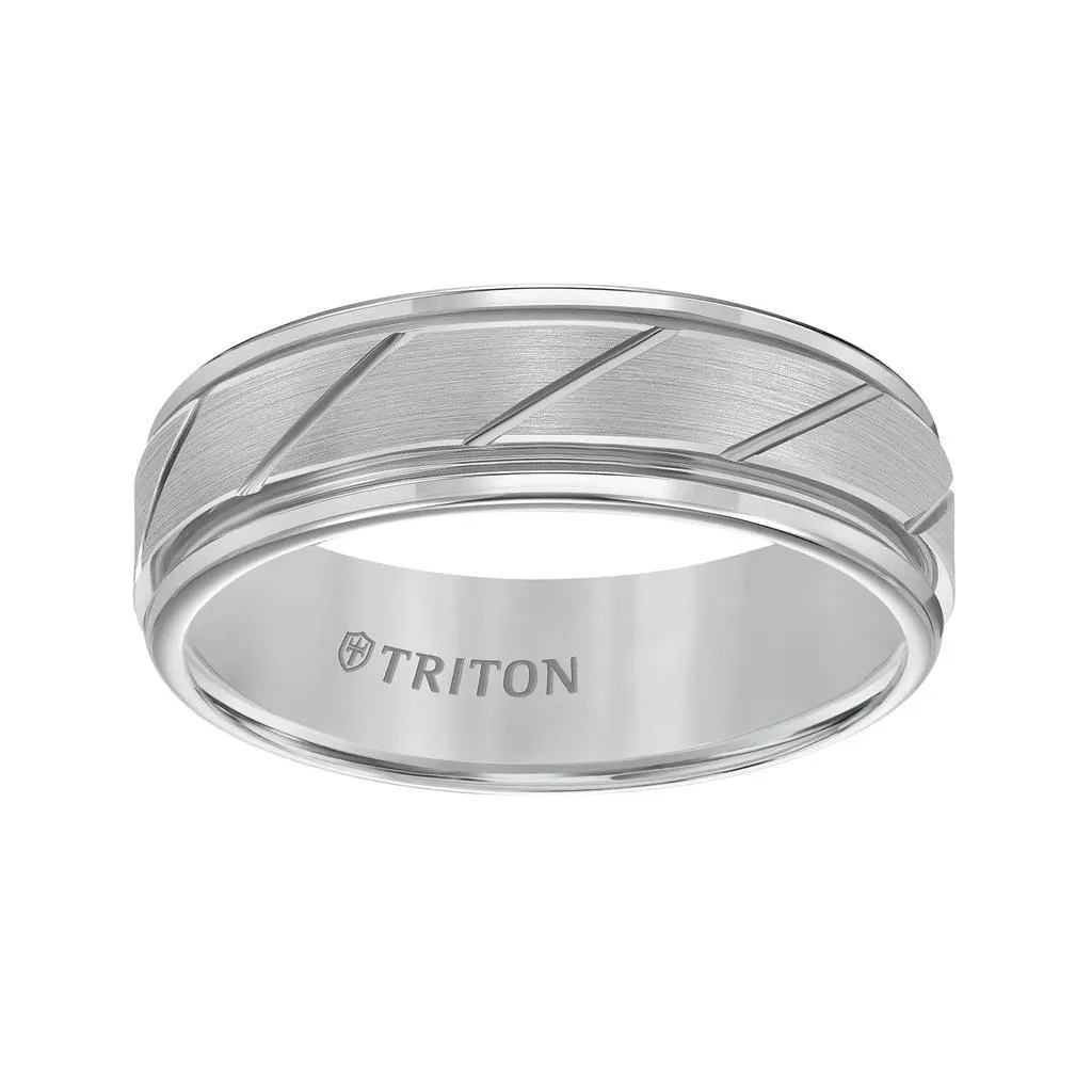 FERGUSON Tungsten Carbide Comfort Fit Ring with Flat Satin Finish Center and Bright Diagonal Cuts with Dual Grooved Rims by Triton Rings - 7 mm