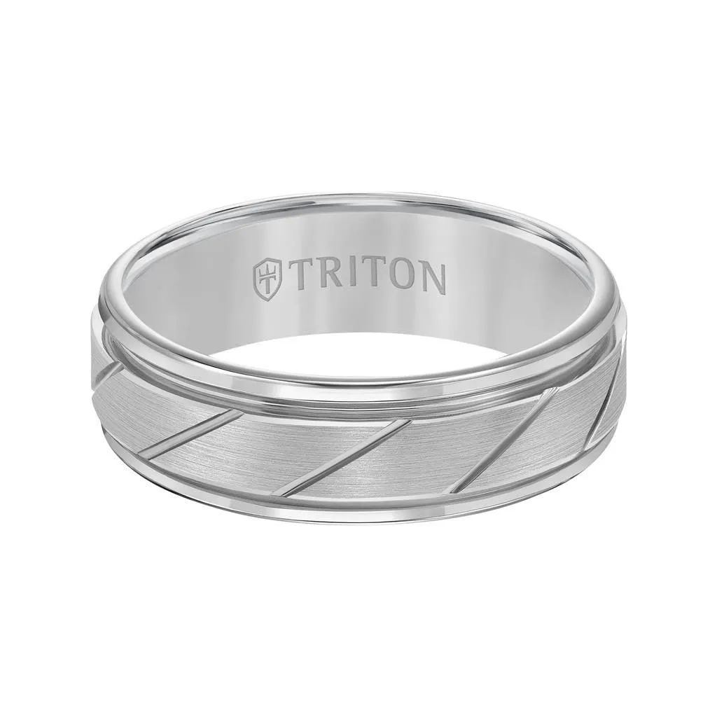 FERGUSON Tungsten Carbide Comfort Fit Ring with Flat Satin Finish Center and Bright Diagonal Cuts with Dual Grooved Rims by Triton Rings - 7 mm