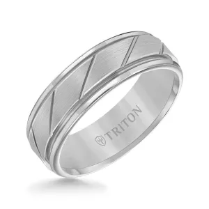 FERGUSON Tungsten Carbide Comfort Fit Ring with Flat Satin Finish Center and Bright Diagonal Cuts with Dual Grooved Rims by Triton Rings - 7 mm