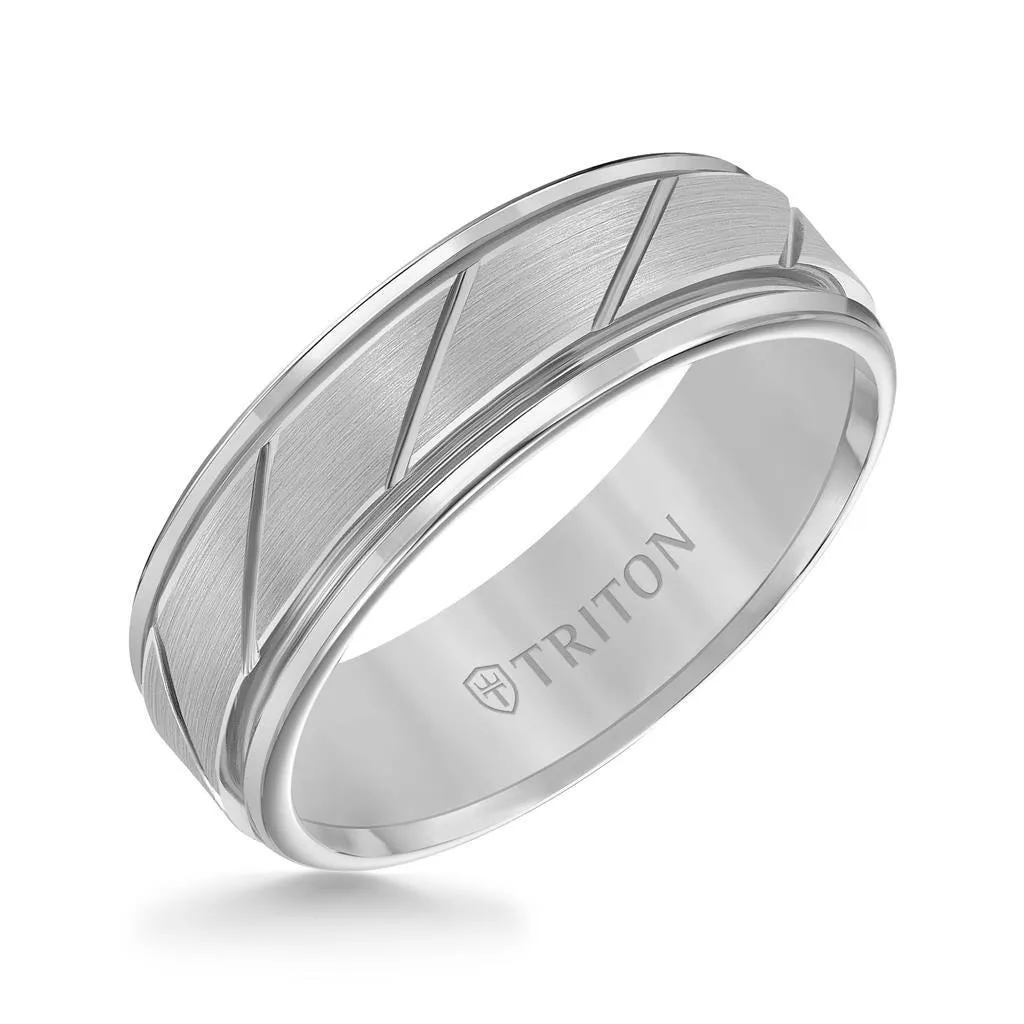 FERGUSON Tungsten Carbide Comfort Fit Ring with Flat Satin Finish Center and Bright Diagonal Cuts with Dual Grooved Rims by Triton Rings - 7 mm