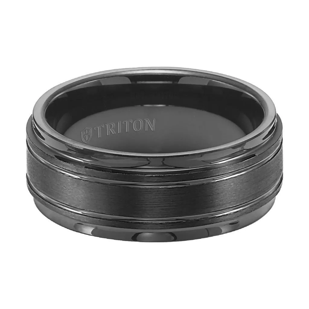 FRASIER Step Edge Black Tungsten Carbide Comfort Fit Ring with Raised Brushed Center and Polished Offset Grooves by Triton Rings - 9 mm