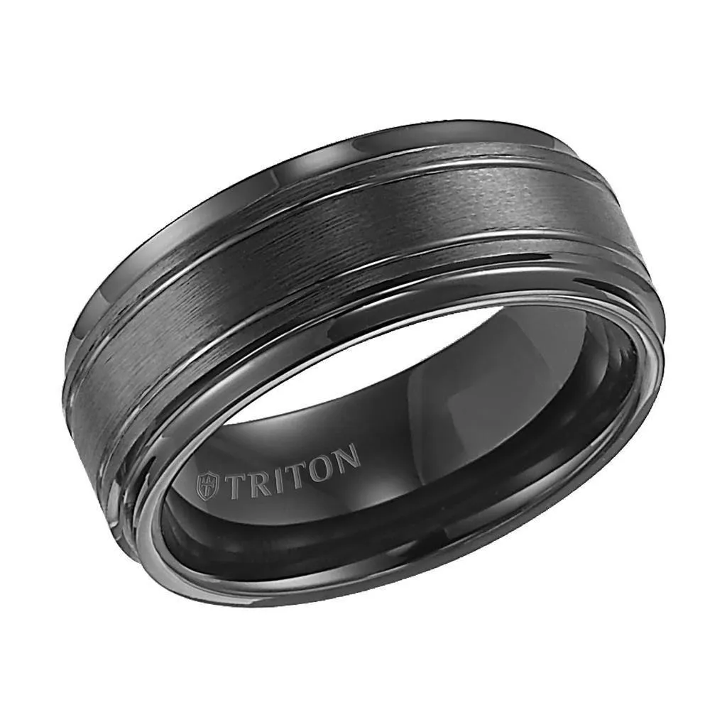 FRASIER Step Edge Black Tungsten Carbide Comfort Fit Ring with Raised Brushed Center and Polished Offset Grooves by Triton Rings - 9 mm