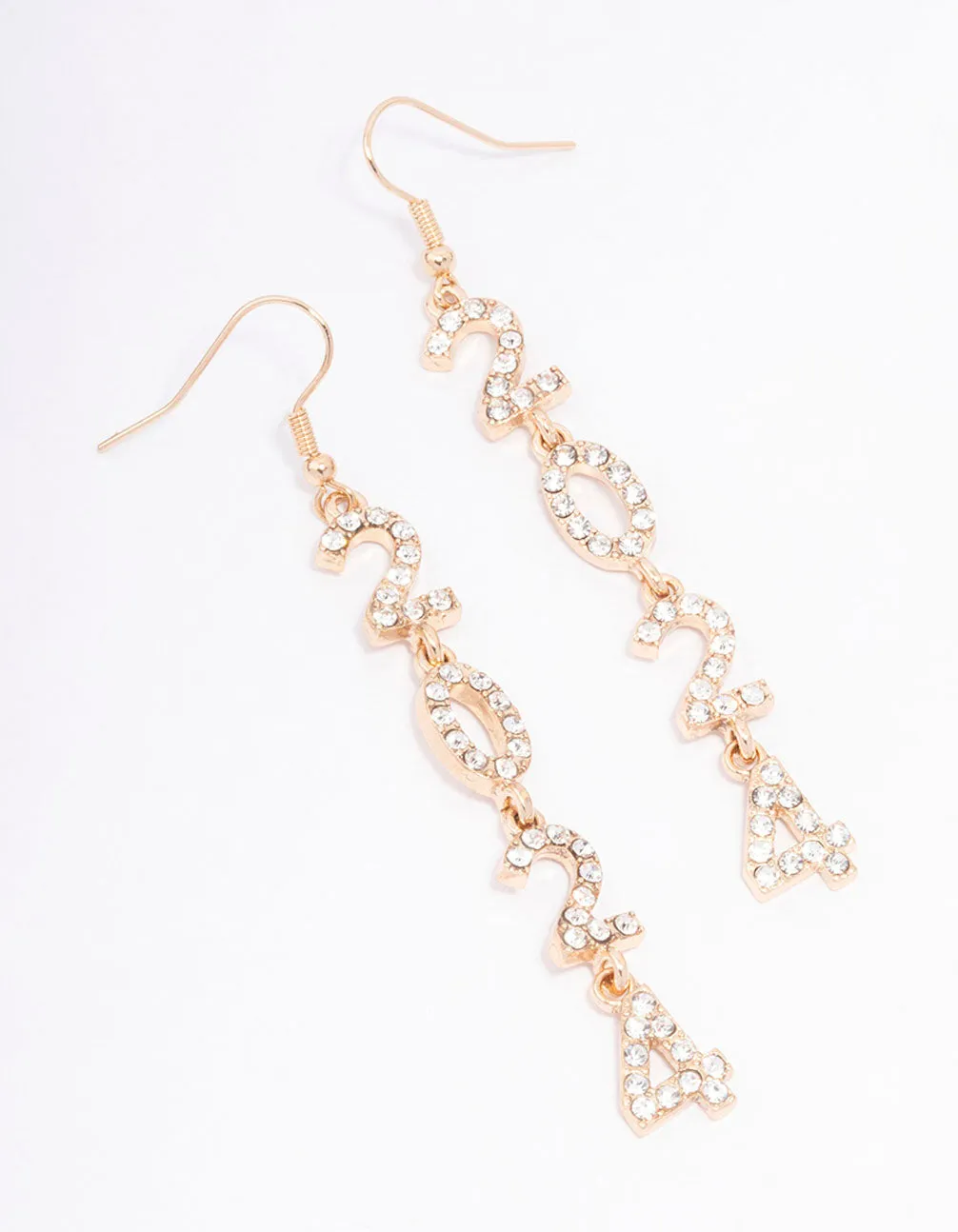 Gold 2024 Diamante Long New Years Drop Earrings