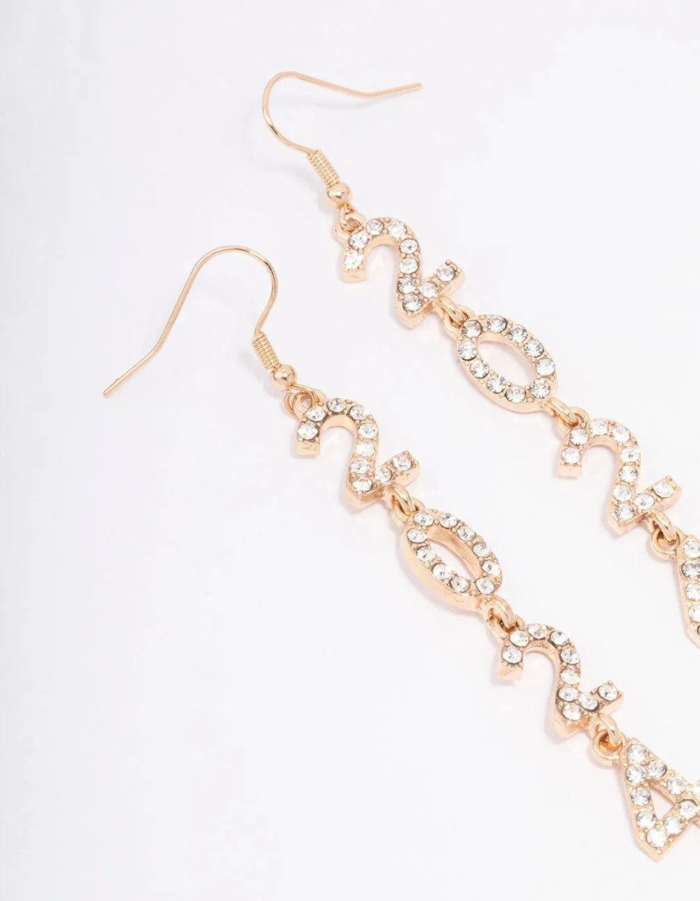 Gold 2024 Diamante Long New Years Drop Earrings