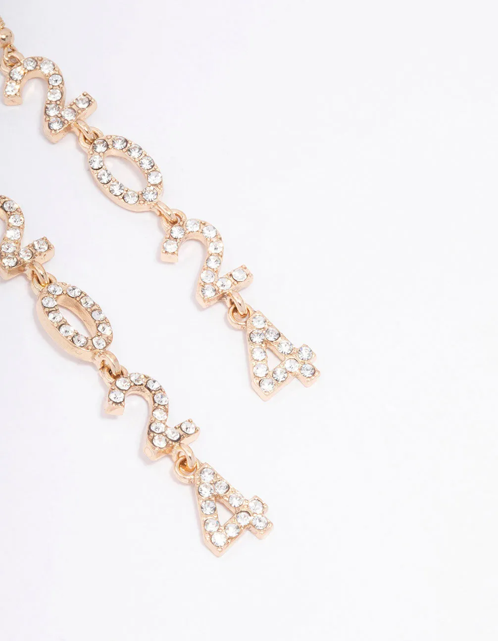 Gold 2024 Diamante Long New Years Drop Earrings