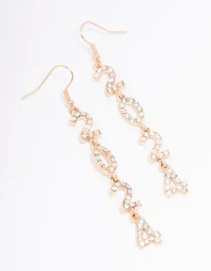 Gold 2024 Diamante Long New Years Drop Earrings