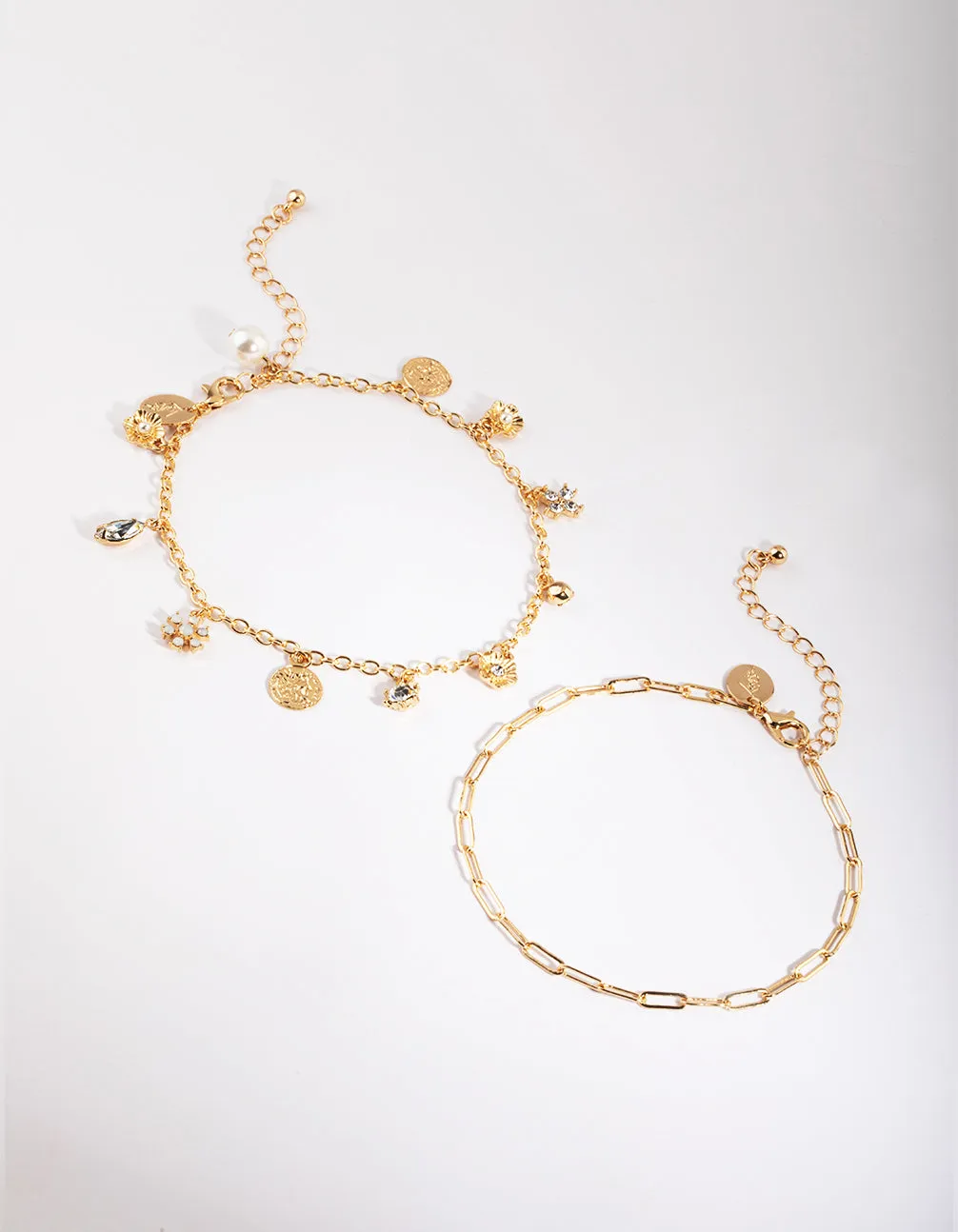 Gold Charm & Chain Anklet Set