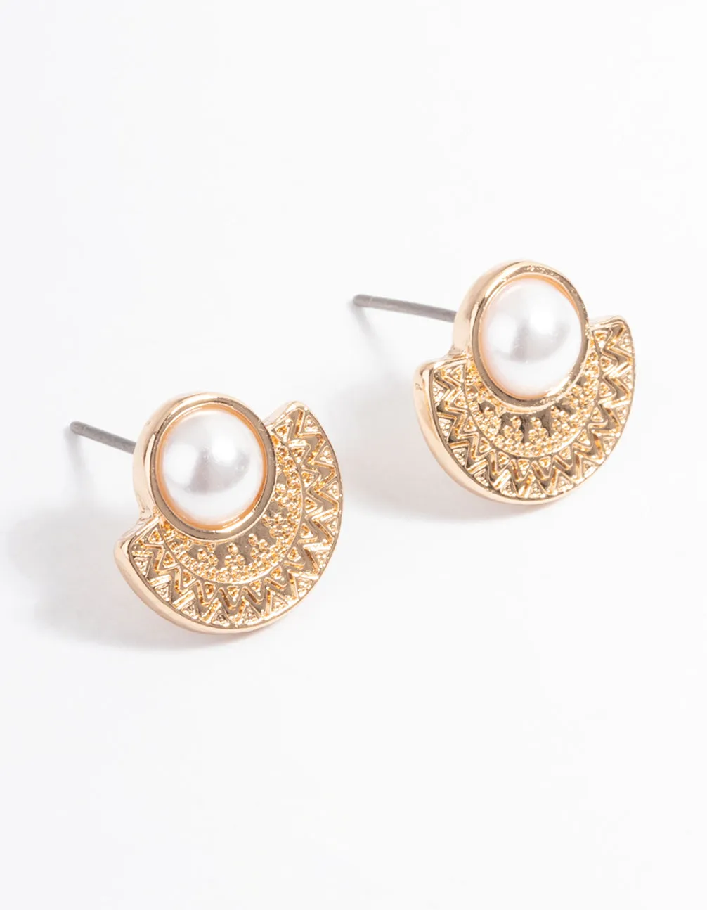 Gold Pearl Etched Stud Earrings