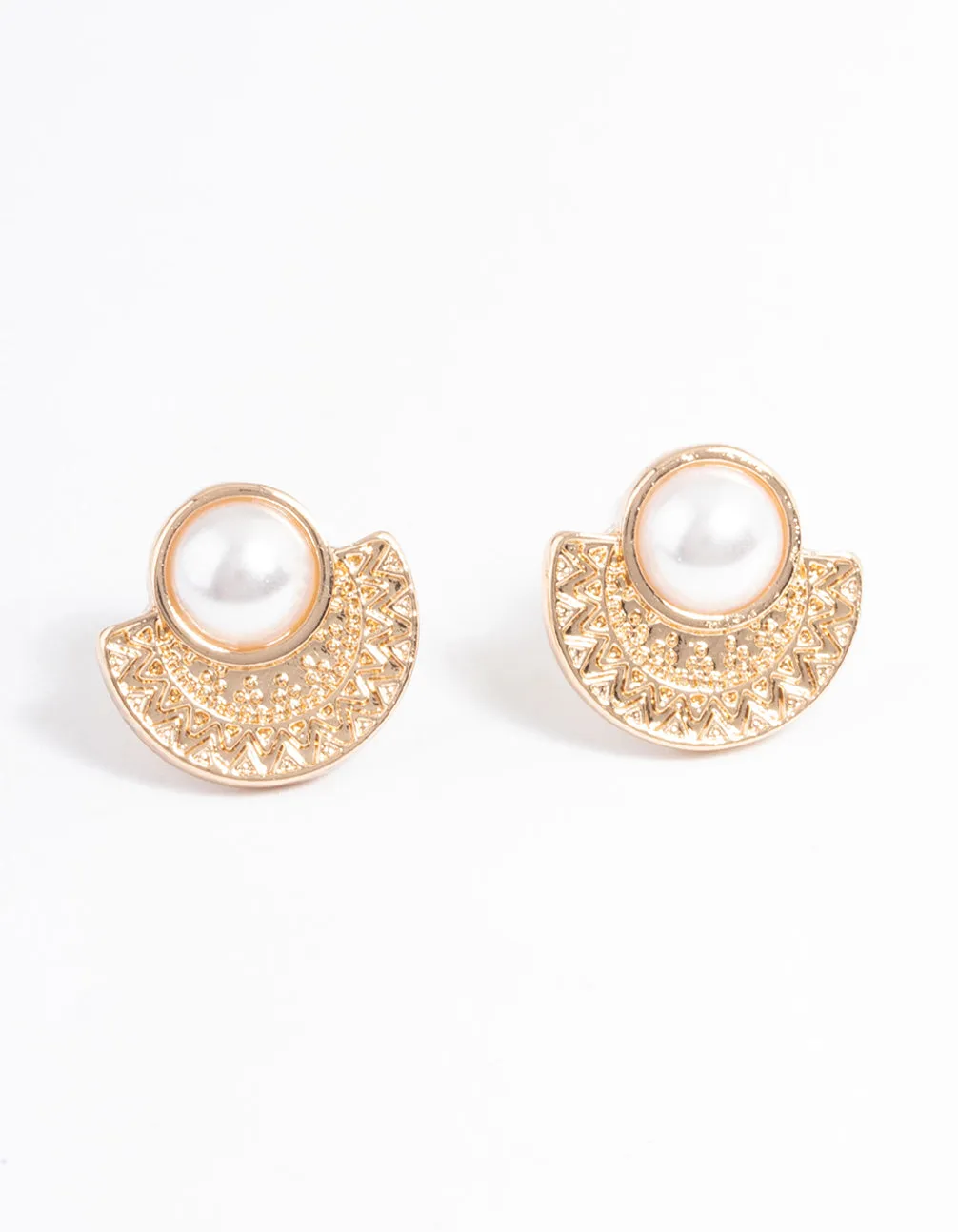 Gold Pearl Etched Stud Earrings