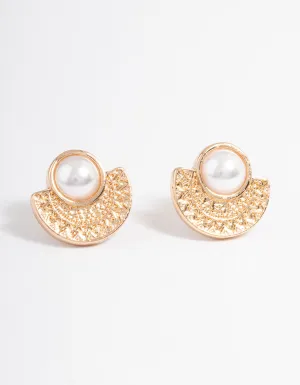 Gold Pearl Etched Stud Earrings