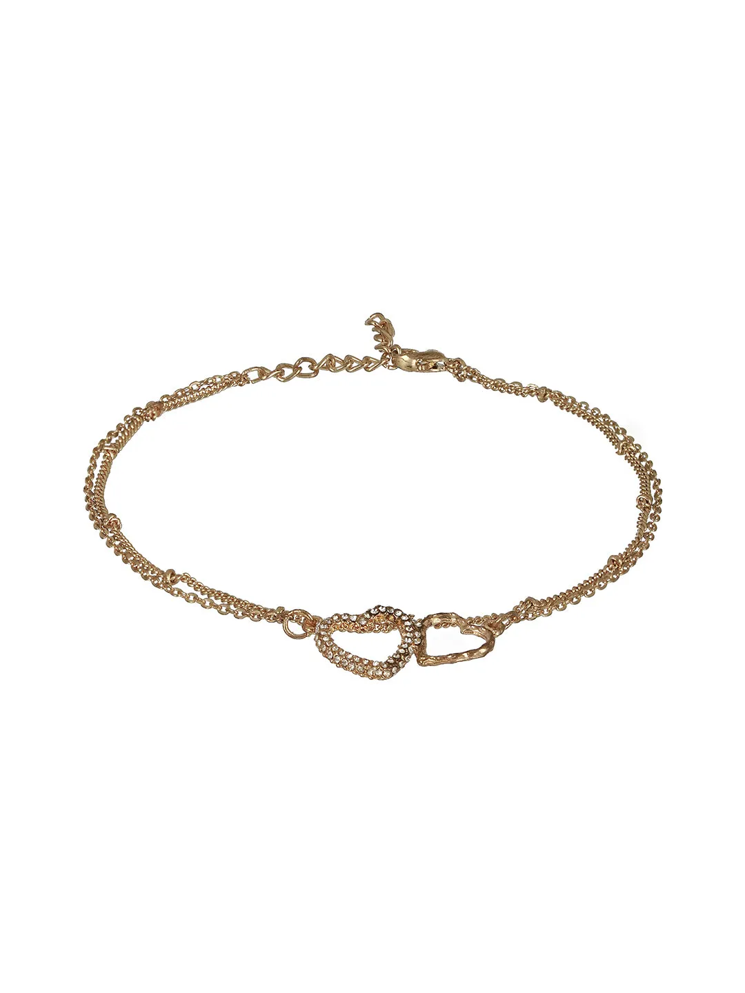 Gold-Plated Cz Studded Layered Heart Charm Anklet